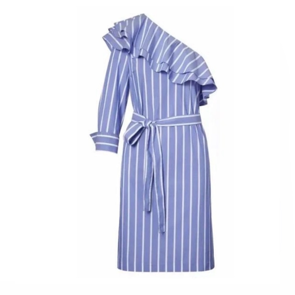 J Crew One Shoulder Blue Stripe Shirt Dress Belted Cross Dbl Ruffle